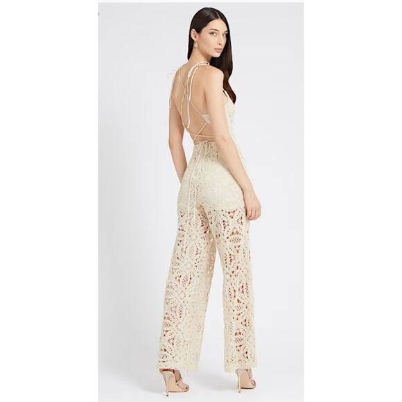 Guess Large Juley cream ivory lace jumpsuit & Bag! Sexy Spaghetti Strap Wide Leg - Picture 1 of 16